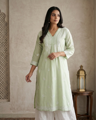 Pista Chanderi Chikankari Aline Kurta