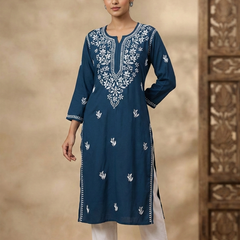 Blue Embroidery Chikankari Rayon Long Kurti