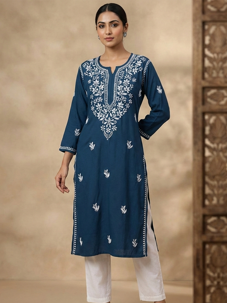 Blue Embroidery Chikankari Rayon Long Kurti
