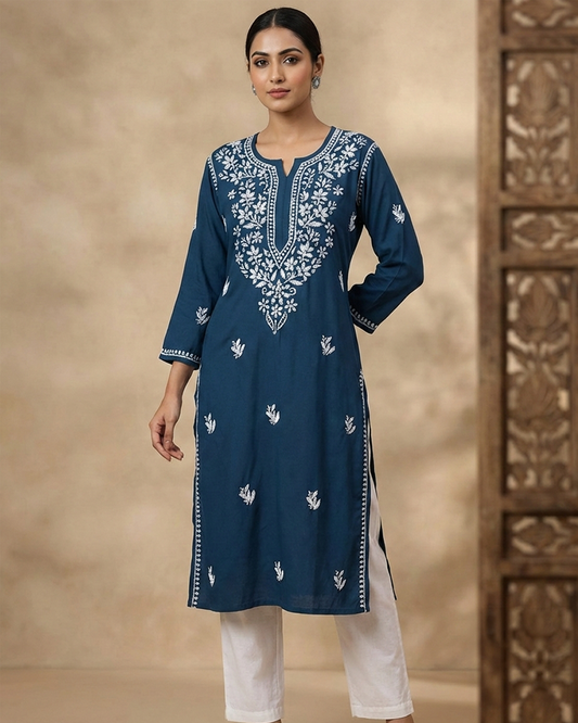 Blue Embroidery Chikankari Rayon Long Kurti