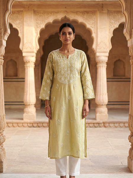 Golden Cotton Chanderi Chikankari Kurta