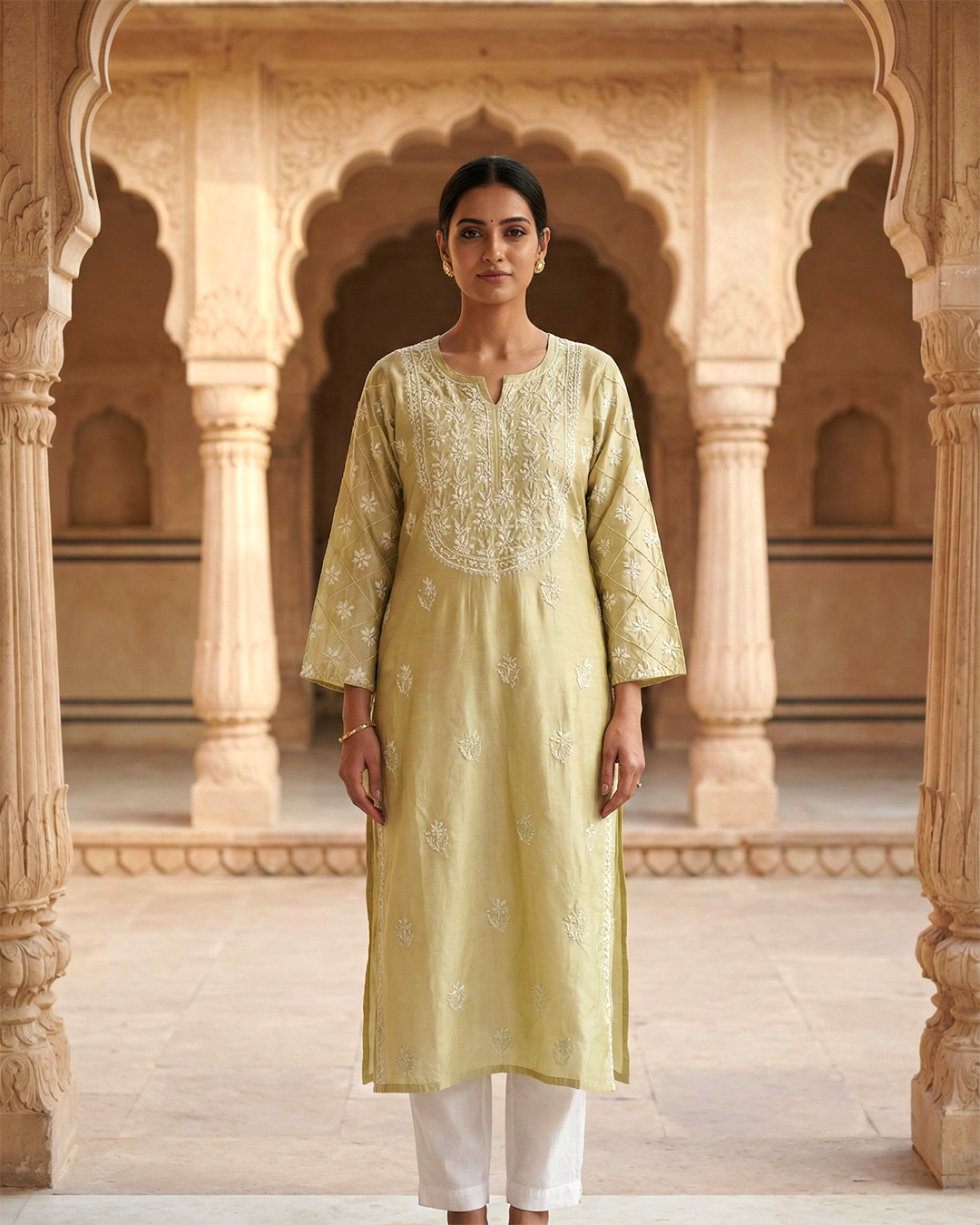 Golden Cotton Chanderi Chikankari Kurta