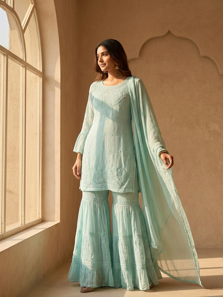 Viscose Georgette Aqua Blue Garara Set