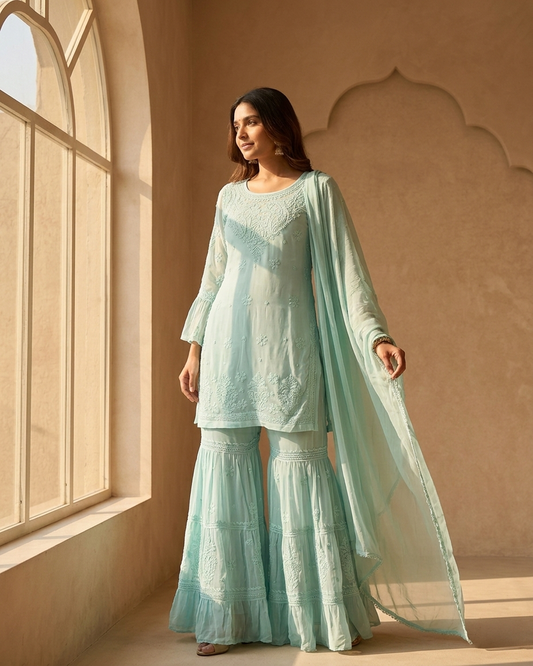 Viscose Georgette Aqua Blue Garara Set