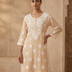 Beige Viscose Georgette Chikankari Readymade Kurta