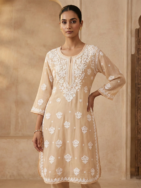 Beige Viscose Georgette Chikankari Readymade Kurta