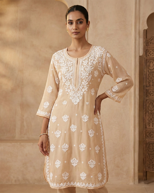 Beige Viscose Georgette Chikankari Readymade Kurta