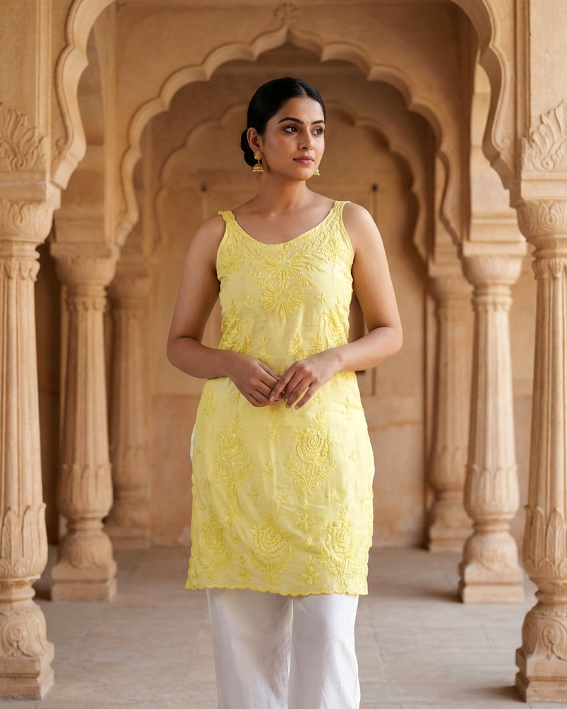 Royale Yellow Muslin Sleeveless Kurta