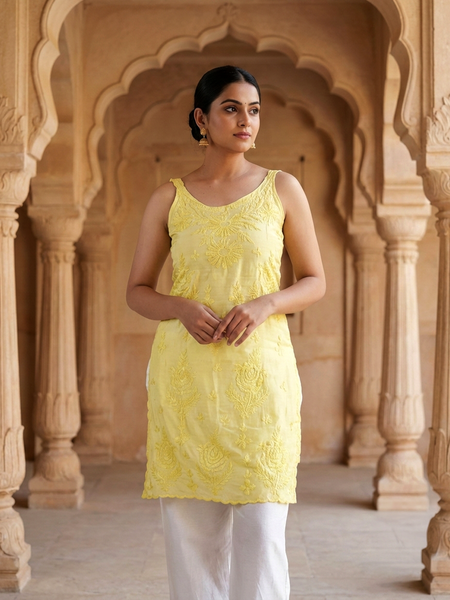 Royale Yellow Muslin Sleeveless Kurta
