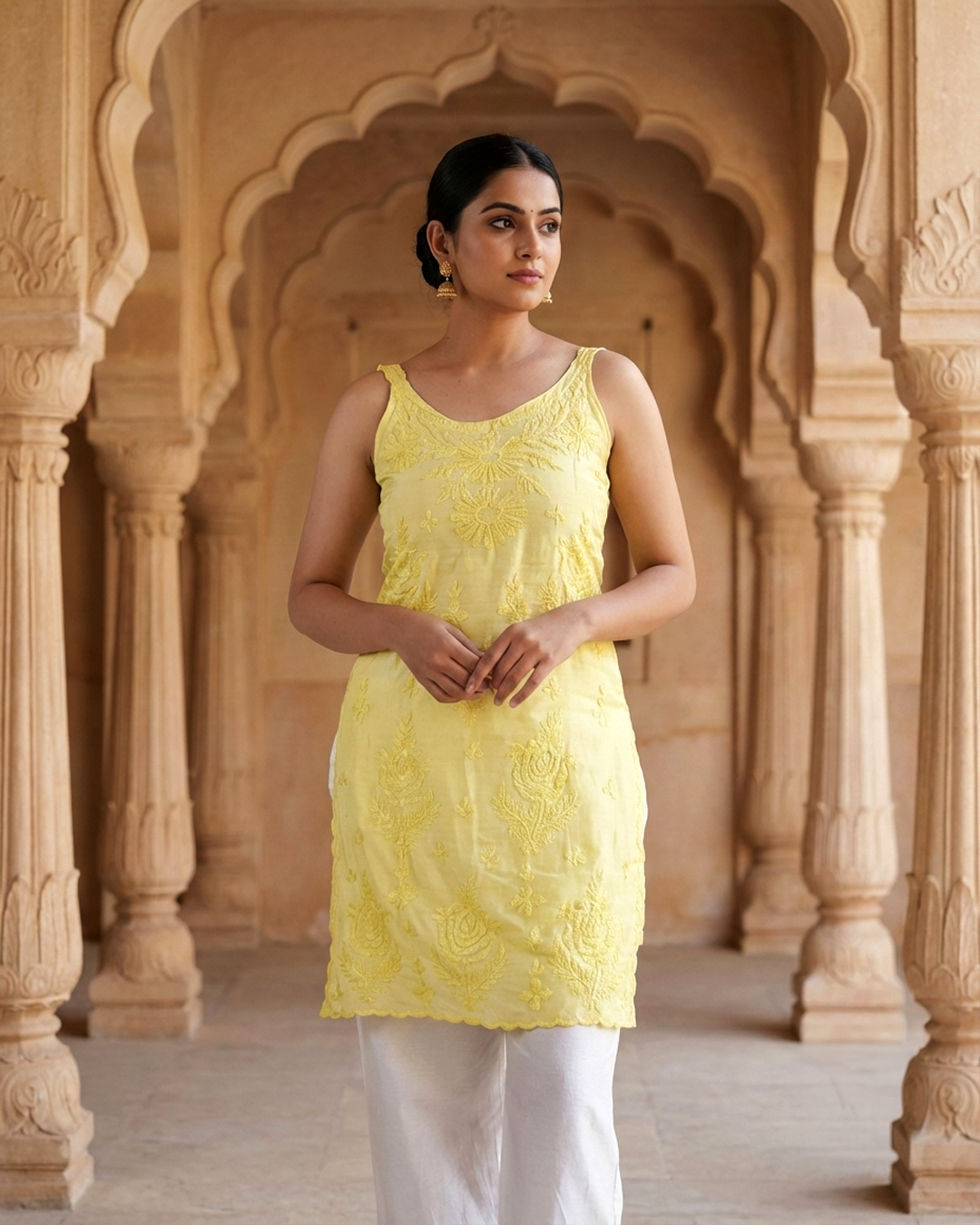 Royale Yellow Muslin Sleeveless Kurta