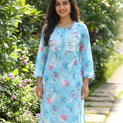 Blue Chikankari Mulmul Pocket Kurti
