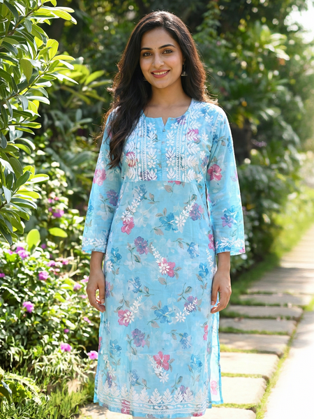 Blue Chikankari Mulmul Pocket Kurti
