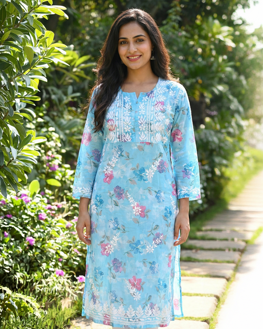 Blue Chikankari Mulmul Pocket Kurti