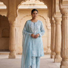 Begum Celestial Blue Mulchanderi Suit Set