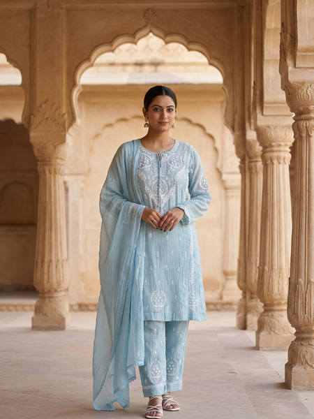 Begum Celestial Blue Mulchanderi Suit Set