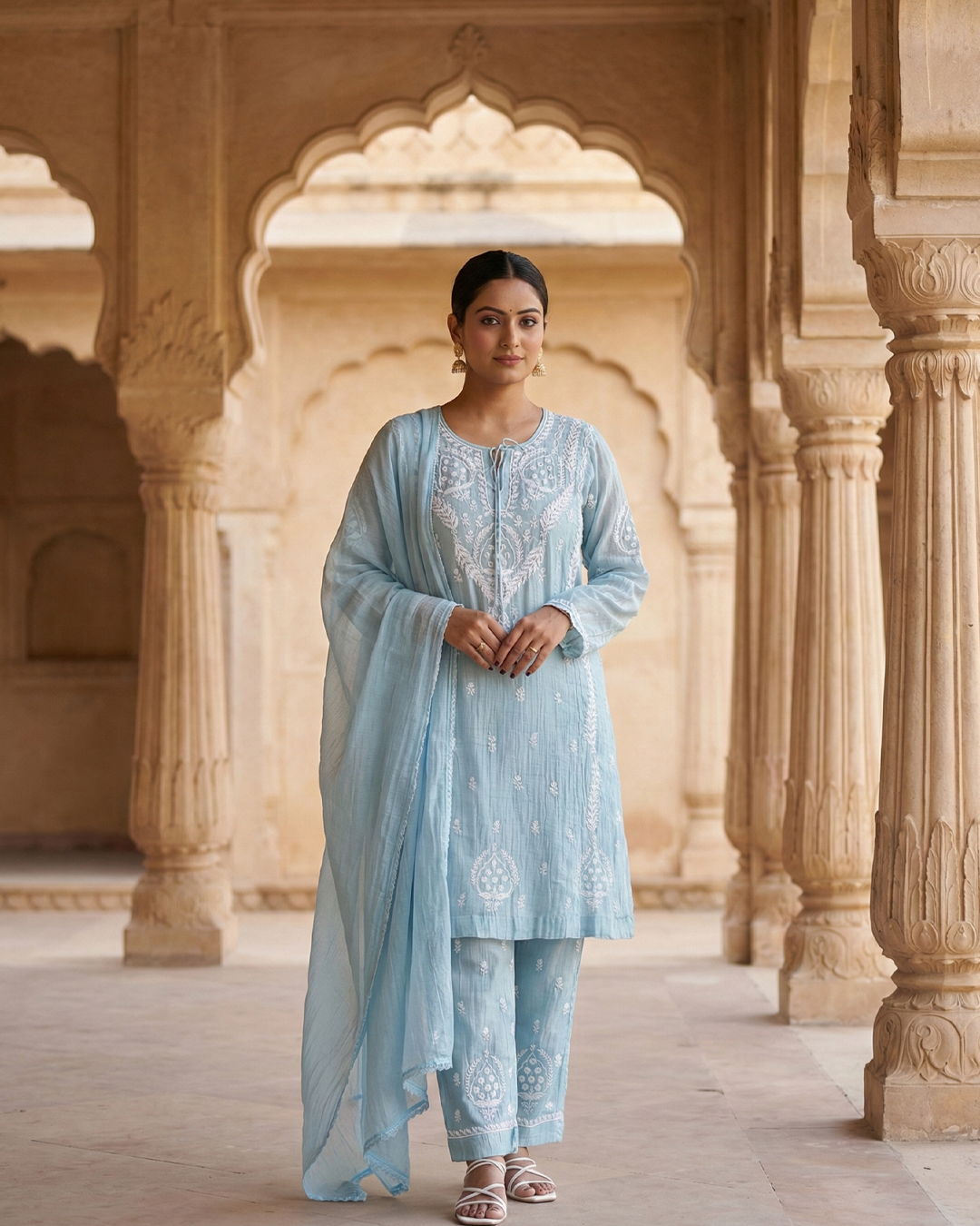Begum Celestial Blue Mulchanderi Suit Set