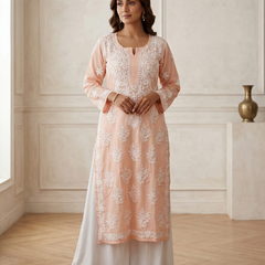 Orange Readymade Cotton Chikankari Kurta