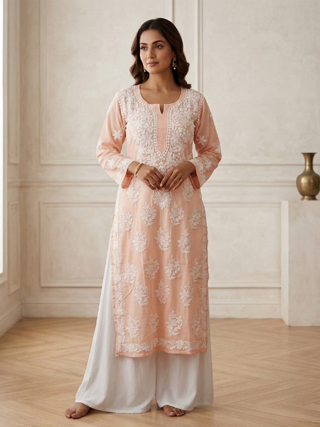 Orange Readymade Cotton Chikankari Kurta