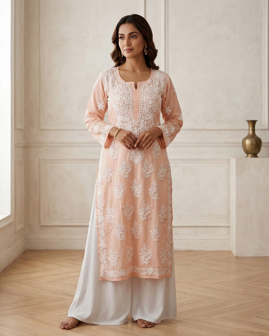 Orange Readymade Cotton Chikankari Kurta