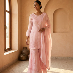 Readymade Viscose Georgette Pink Garara Set
