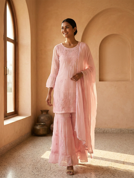 Readymade Viscose Georgette Pink Garara Set