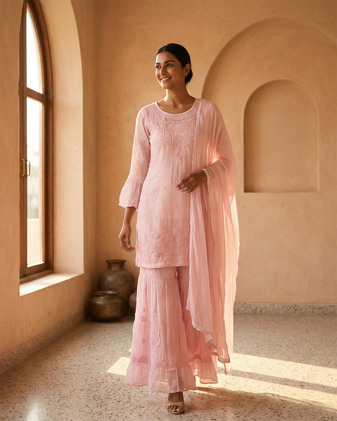 Readymade Viscose Georgette Pink Garara Set