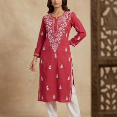 Red Embroidery Chikankari Rayon Long Kurti