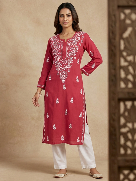 Red Embroidery Chikankari Rayon Long Kurti