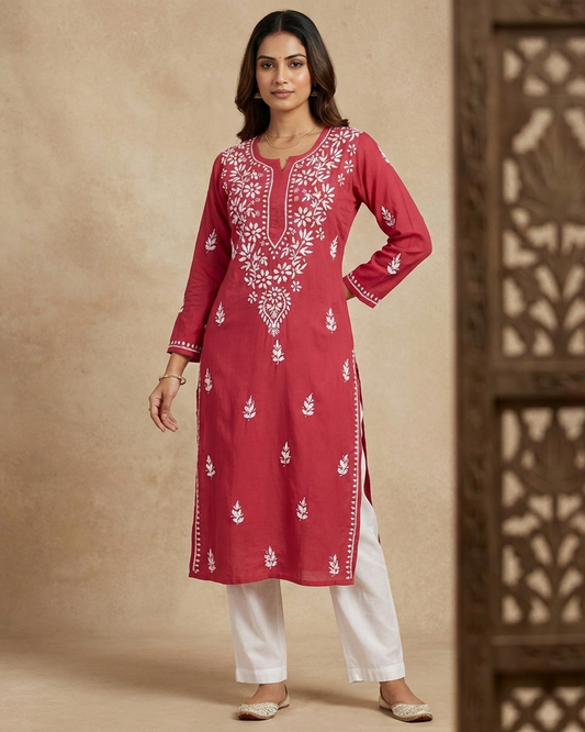Red Embroidery Chikankari Rayon Long Kurti