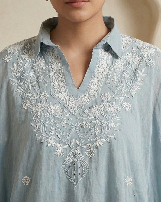 Light Blue Mulchanderi Kaftan