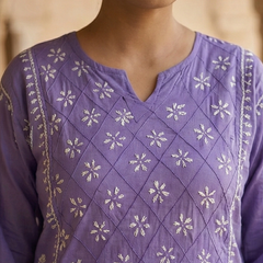 Purple Readymade Cotton Kurta With Jaal
