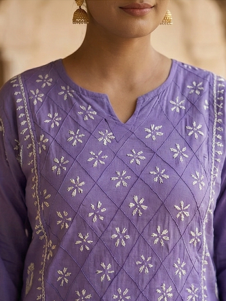 Purple Readymade Cotton Kurta With Jaal