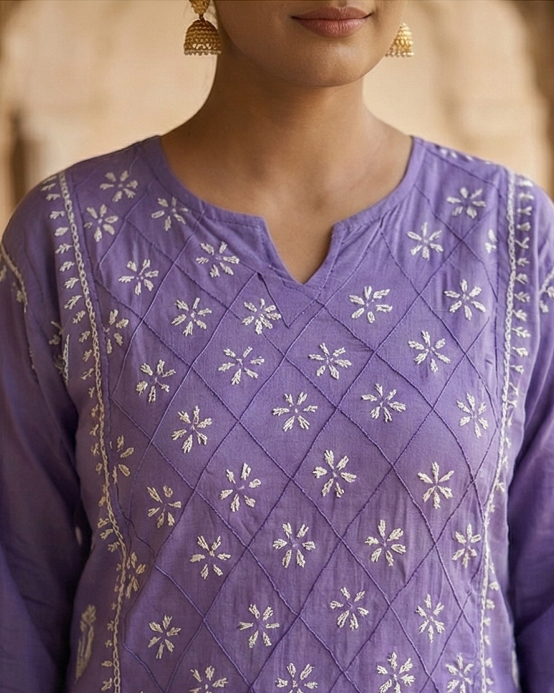 Purple Readymade Cotton Kurta With Jaal