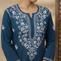 Blue Embroidery Chikankari Rayon Long Kurti