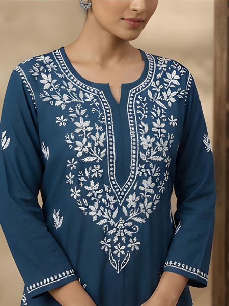Blue Embroidery Chikankari Rayon Long Kurti