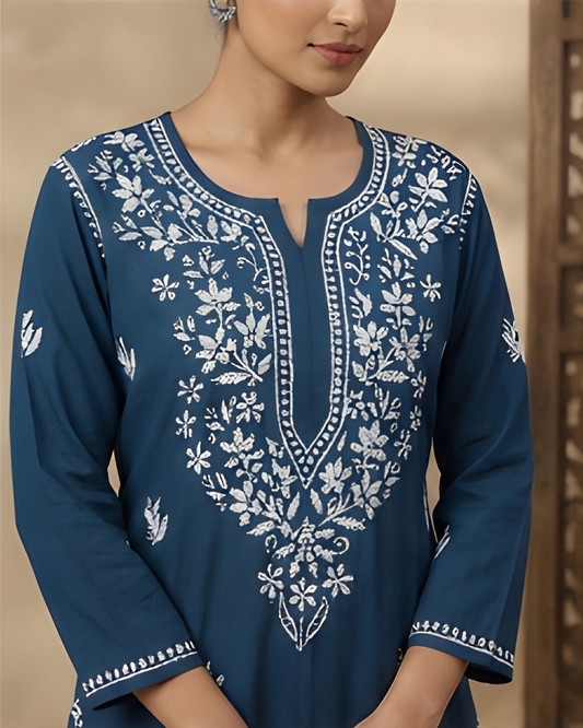 Blue Embroidery Chikankari Rayon Long Kurti