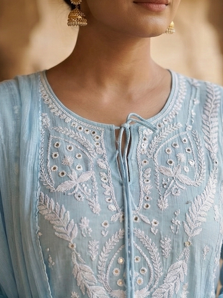 Begum Celestial Blue Mulchanderi Suit Set