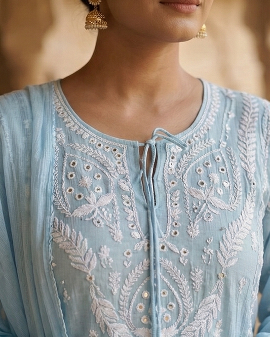 Begum Celestial Blue Mulchanderi Suit Set