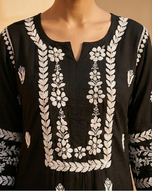 Black Chikankari Modal Long Kurti