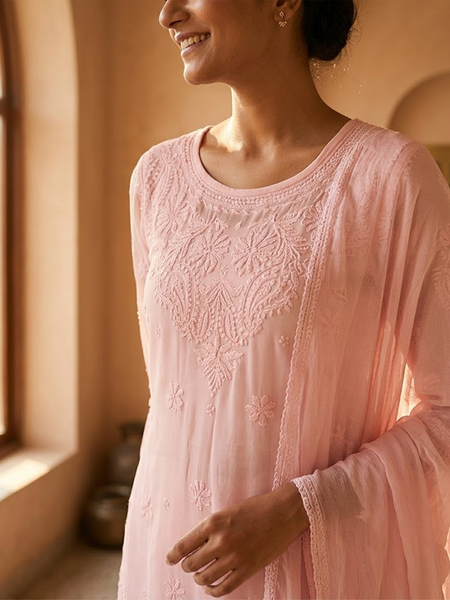 Readymade Viscose Georgette Pink Garara Set