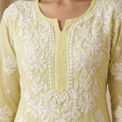Yellow Readymade Viscose Georgette Chikankari Readymade Kurta