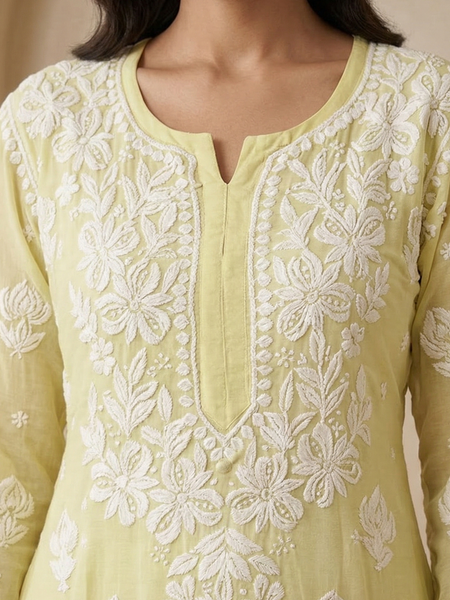 Yellow Readymade Viscose Georgette Chikankari Readymade Kurta