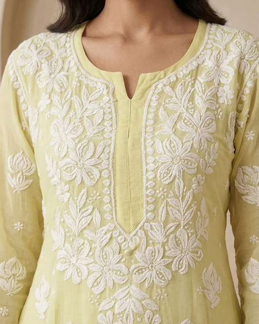 Yellow Readymade Viscose Georgette Chikankari Readymade Kurta
