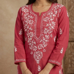 Red Embroidery Chikankari Rayon Long Kurti