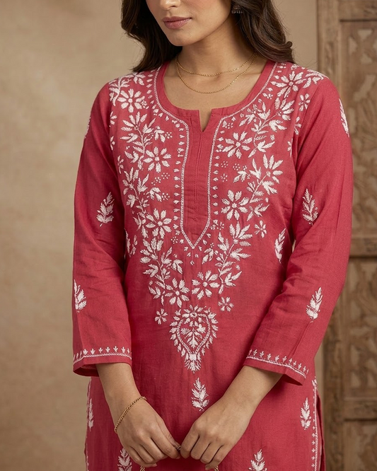 Red Embroidery Chikankari Rayon Long Kurti