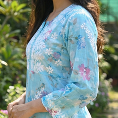Blue Chikankari Mulmul Pocket Kurti