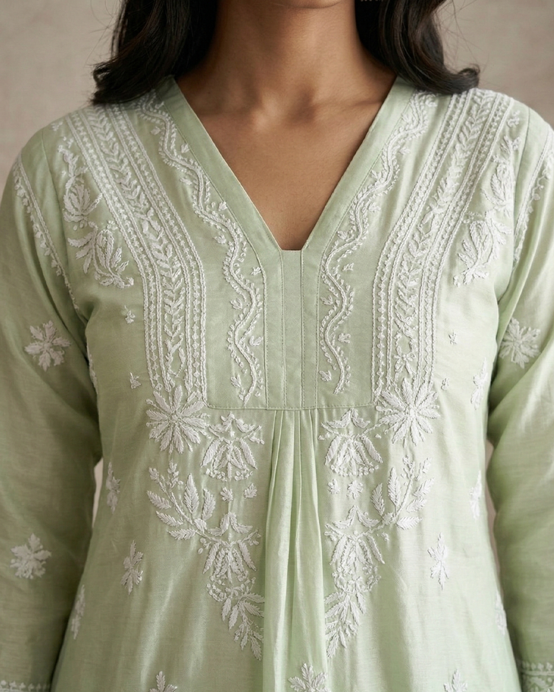 Pista Chanderi Chikankari Aline Kurta