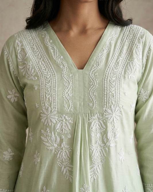 Pista Chanderi Chikankari Aline Kurta