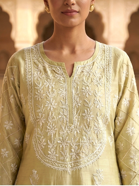 Golden Cotton Chanderi Chikankari Kurta