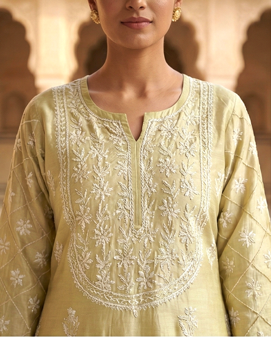 Golden Cotton Chanderi Chikankari Kurta